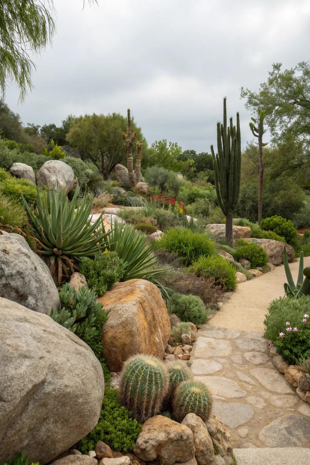 An eco-conscious front yard with stones and hardy plants.