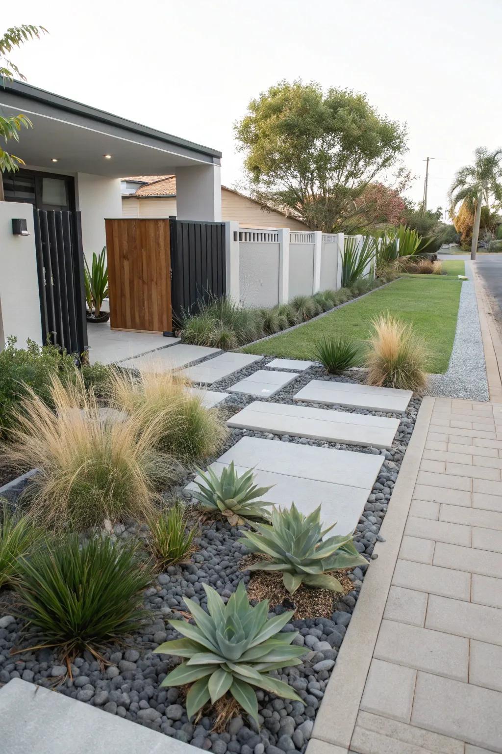 Simple planting with succulents and grasses creates a clean and modern look.