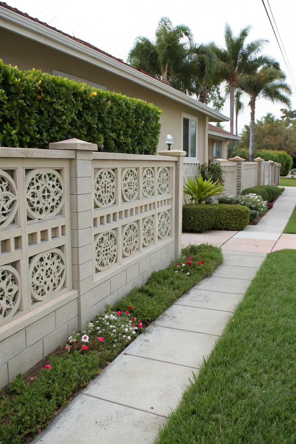 Elegant stone blocks introduce a contemporary design element to privacy enclosures.