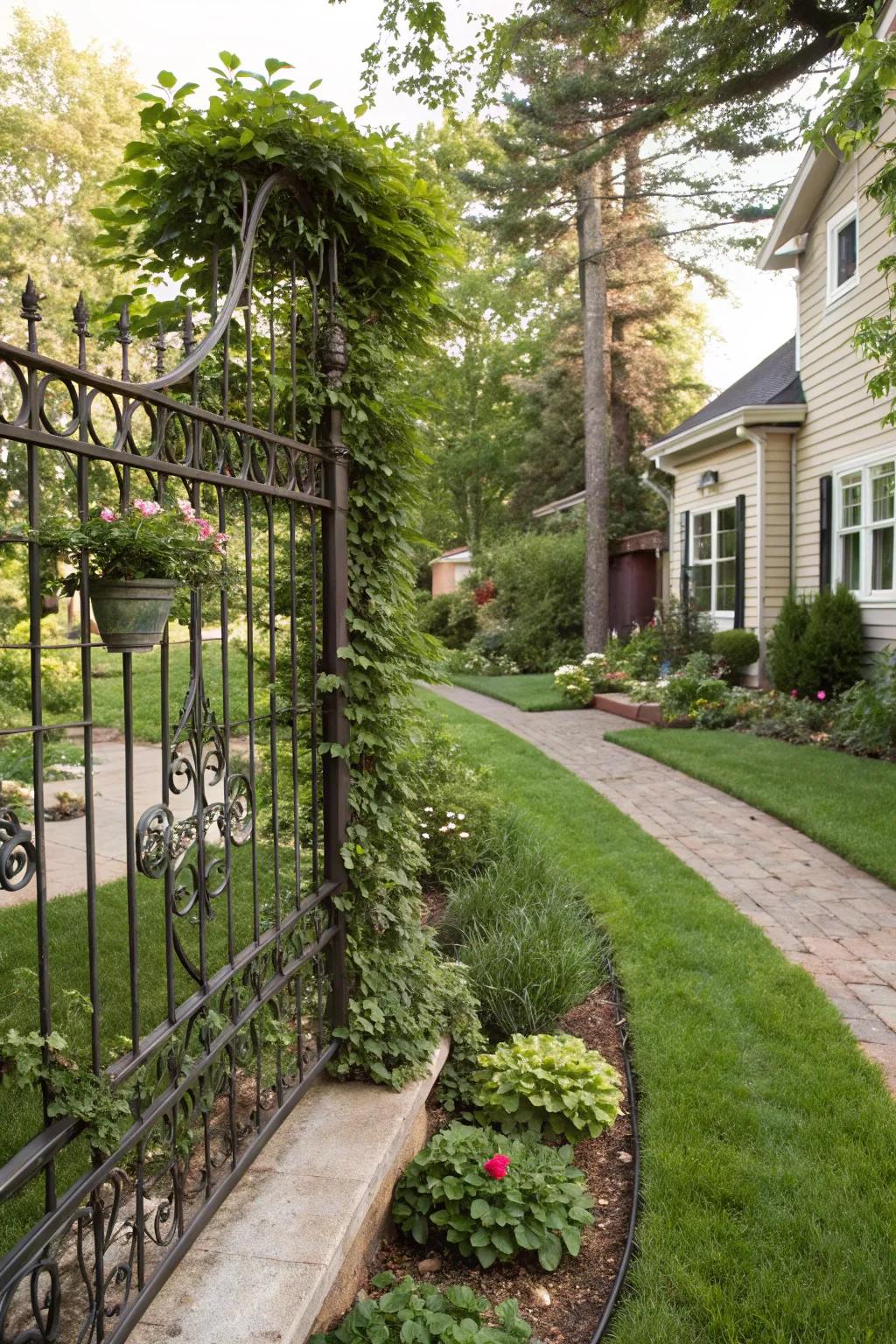 A decorative metal fence adorned with climbing plants, forming a living work of art.