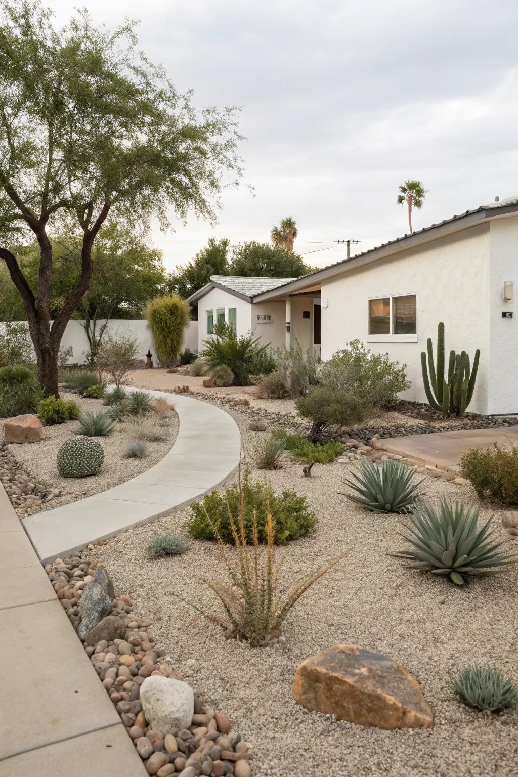 A simplified aesthetic in xeriscaping underscores simplicity and serenity.