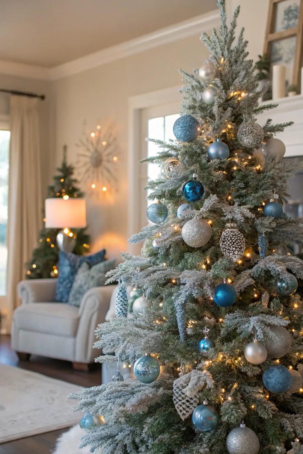 Azure and argent embellishments contribute an icy element to this snow-kissed tree.