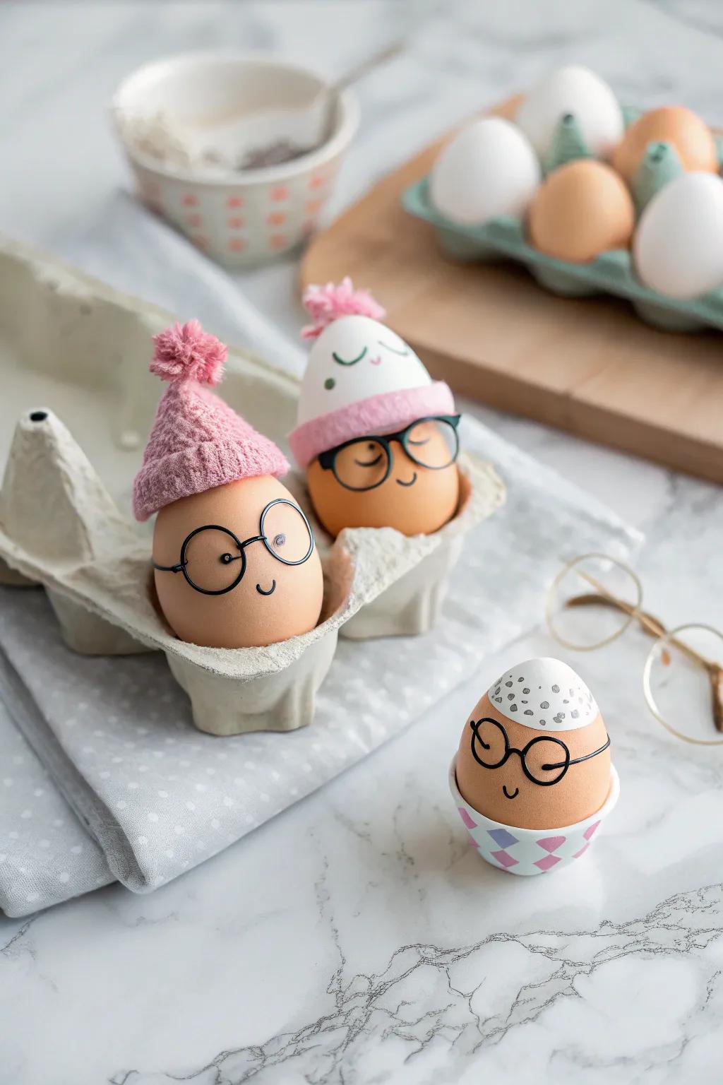 Eggs exhibiting personality, owing to amusing embellishments.