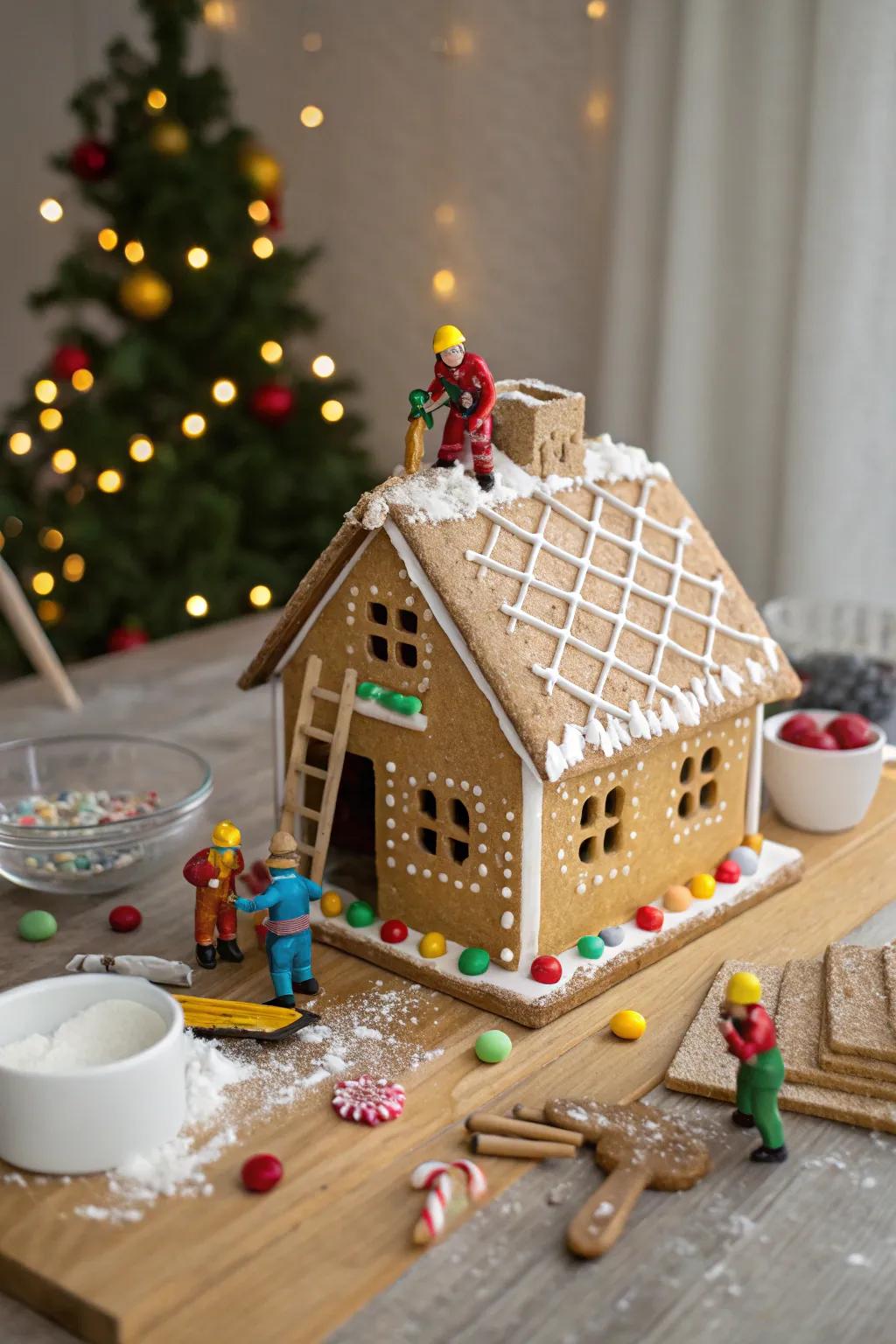 A gingerbread house in the midst of construction