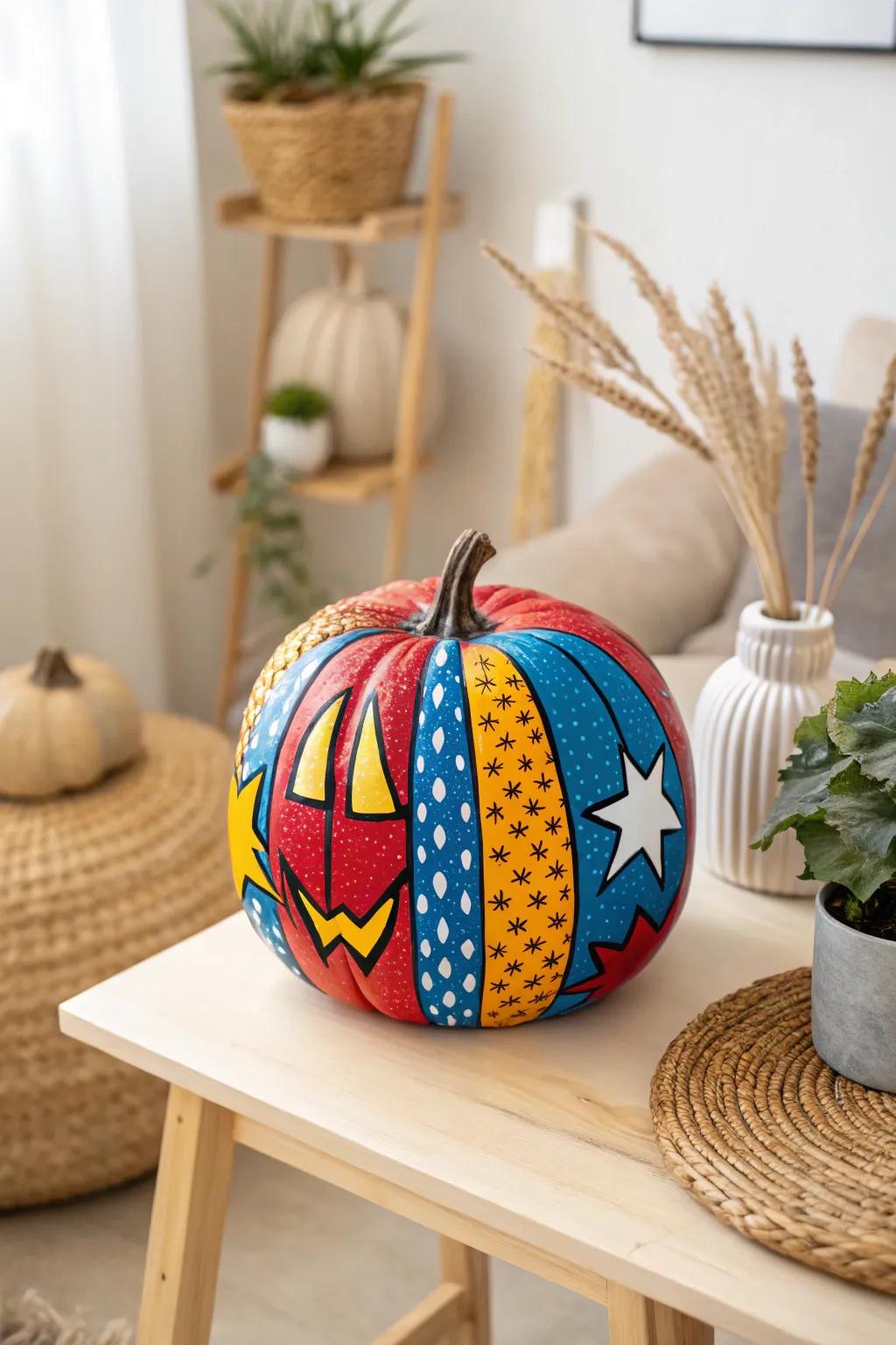 Transform your pumpkin into a pop art masterpiece that bursts forth with vibrant colors and a comic book aesthetic!