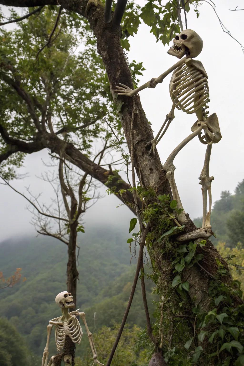Playful skeletons involved in a tree-climbing escapade.