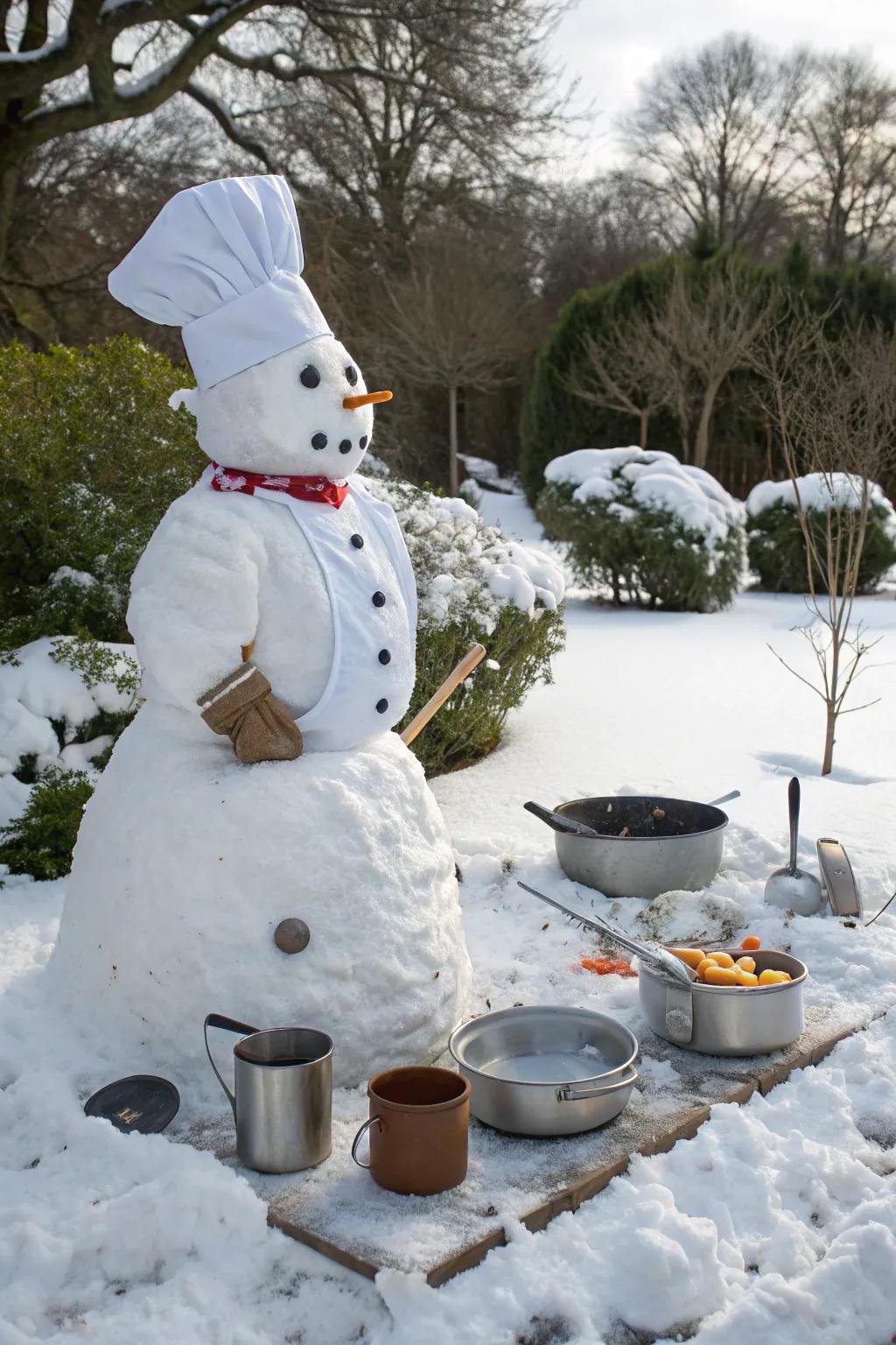 A snow figure chef poised to whip up some chilled delights.