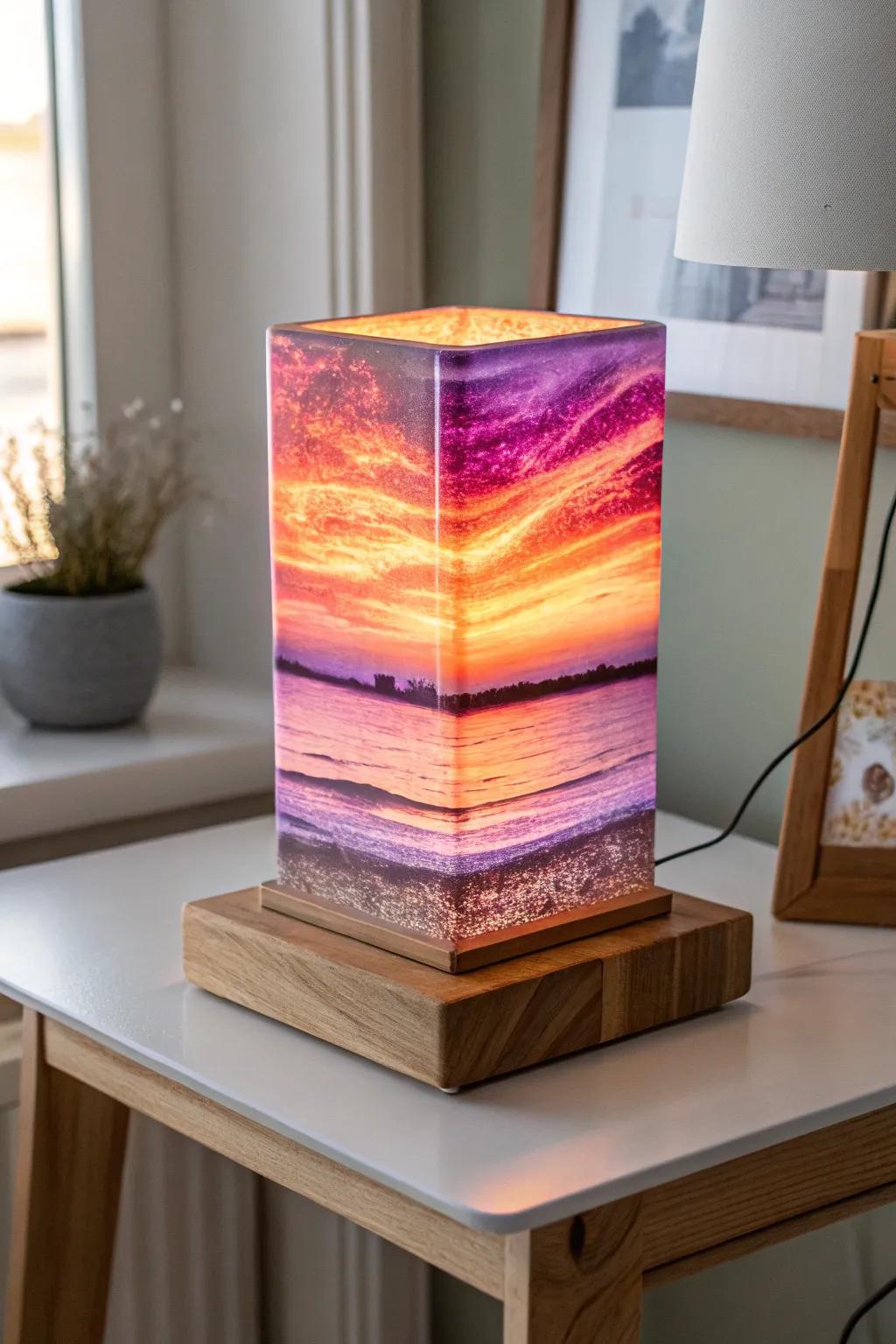 Elevate your space with the enchanting layers of a handcrafted sunset glass night light.