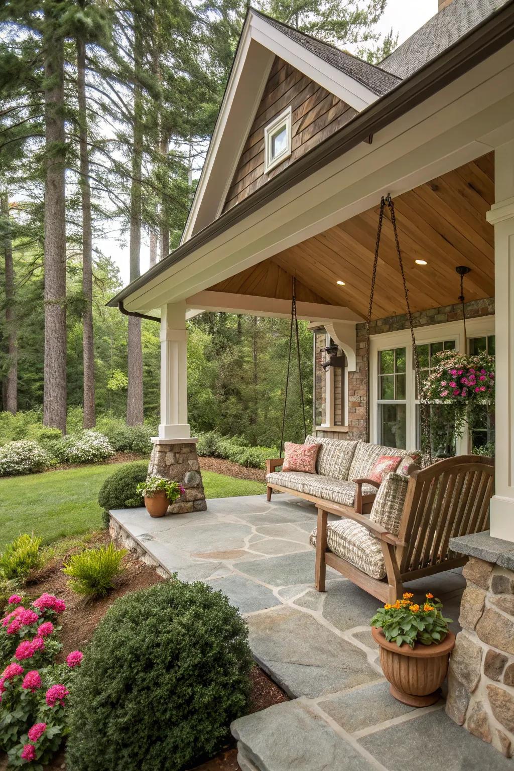 An earthy stone base that enriches the porch's organic appeal.