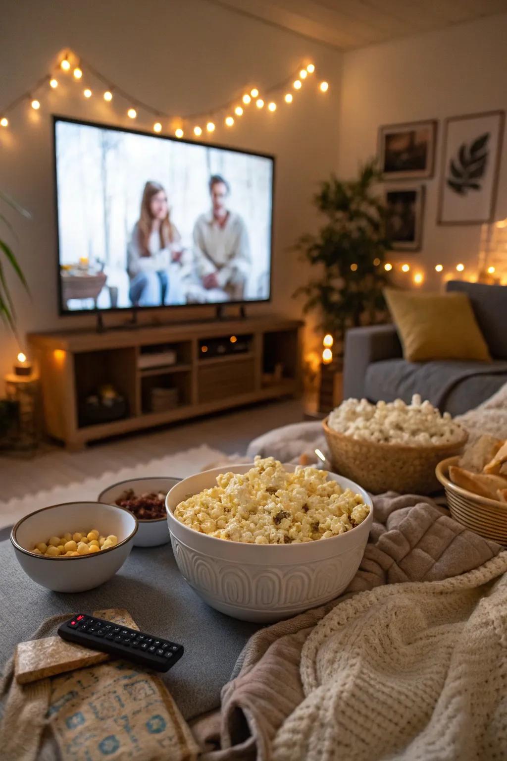 A comfortable arrangement for a Galentine's Day film viewing event.