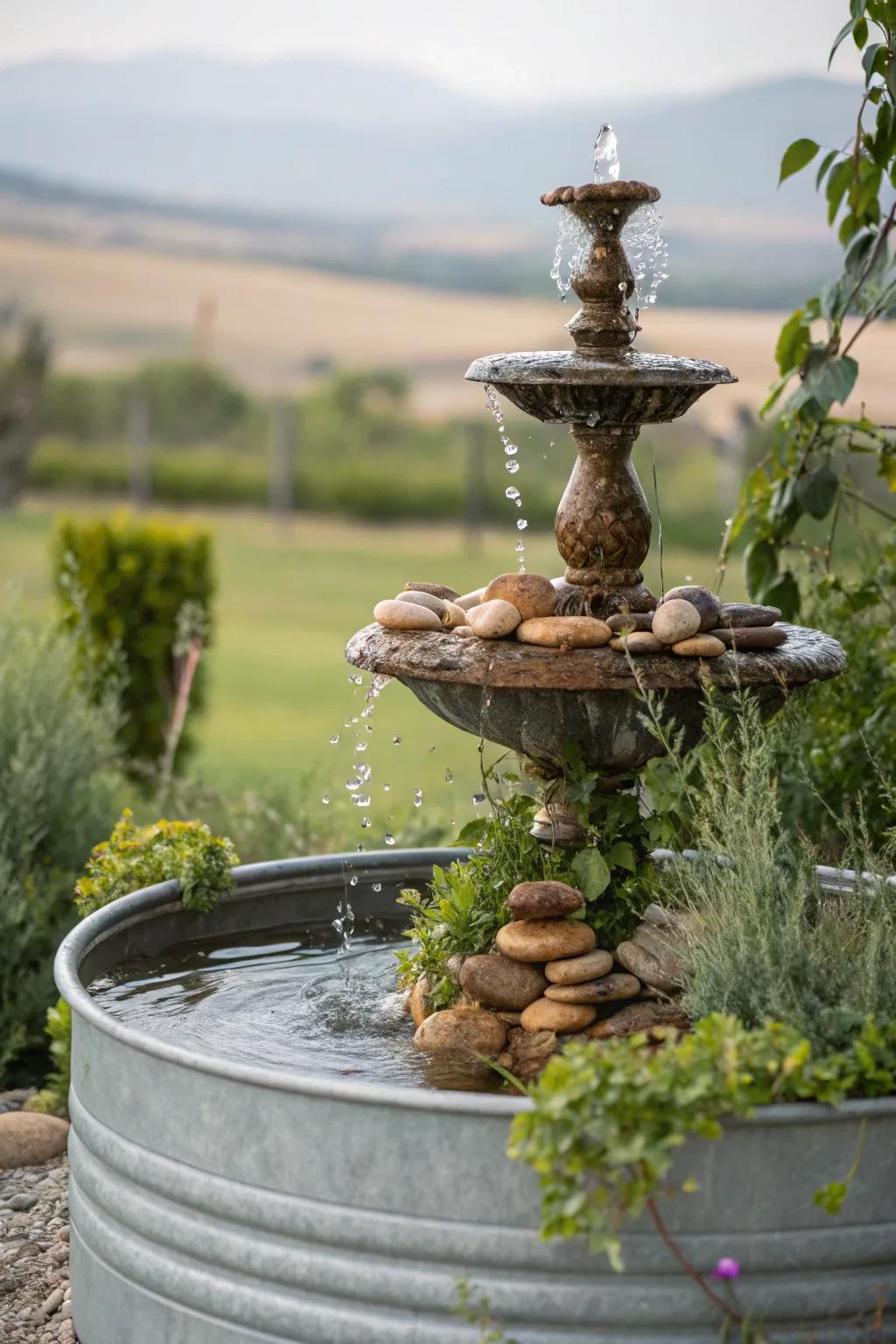 A tiered fountain with stones forming a calming garden accent.