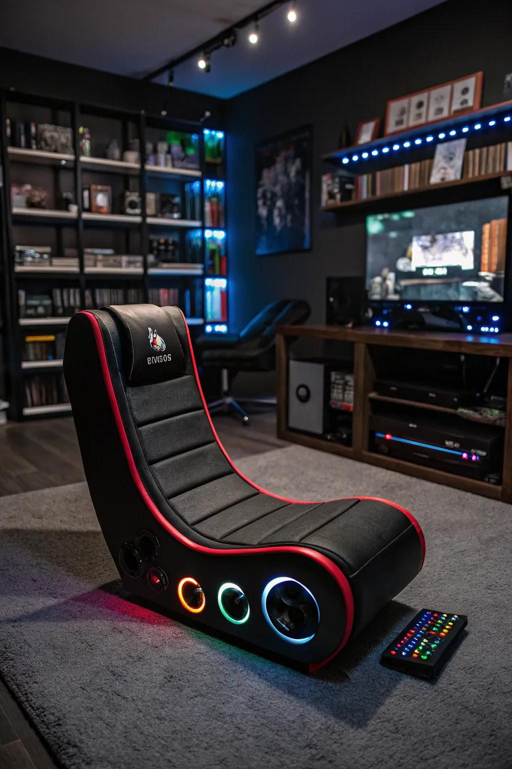 Ground level rocking seating brings an immersive dimension to gaming using its integrated features.
