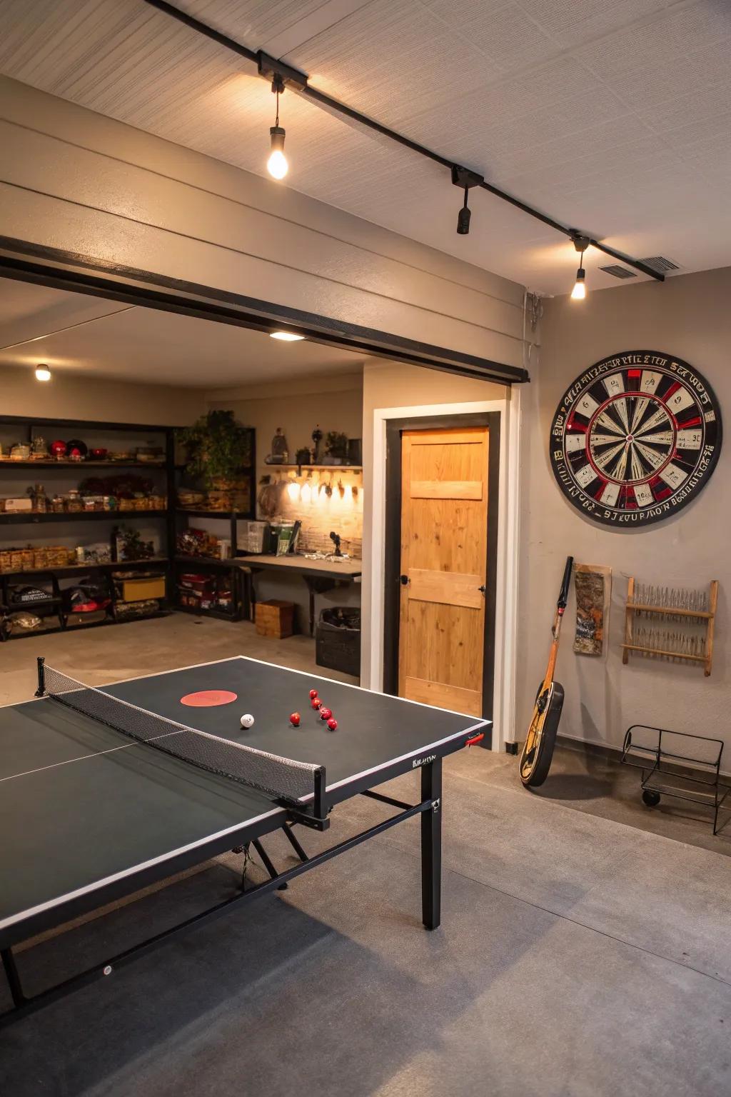 A recreation area in the garage with games and enjoyable activities.
