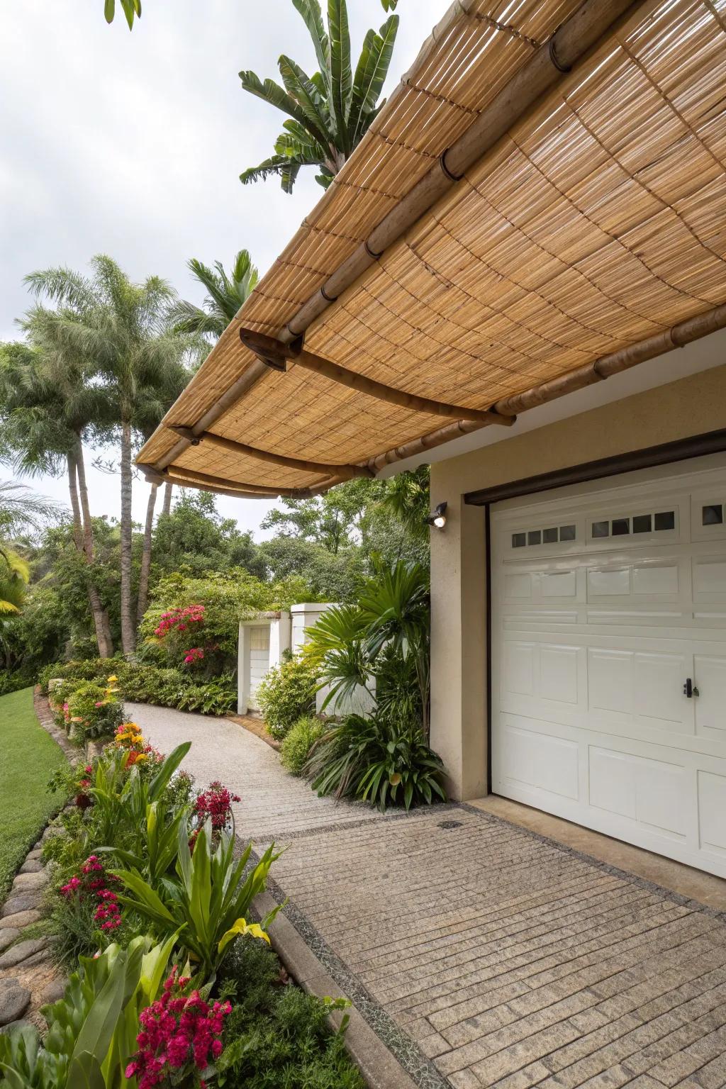 Exotic bamboo roll-up screen overhead cover delivering natural cooling.