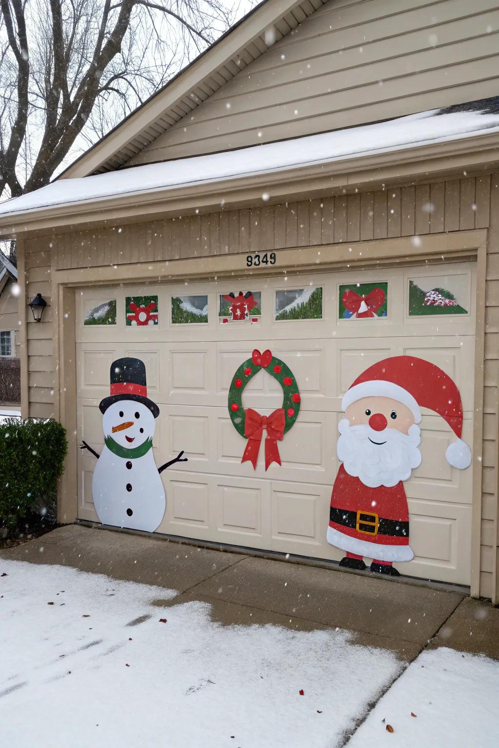 Garage door decorated with playful Christmas character cutouts.