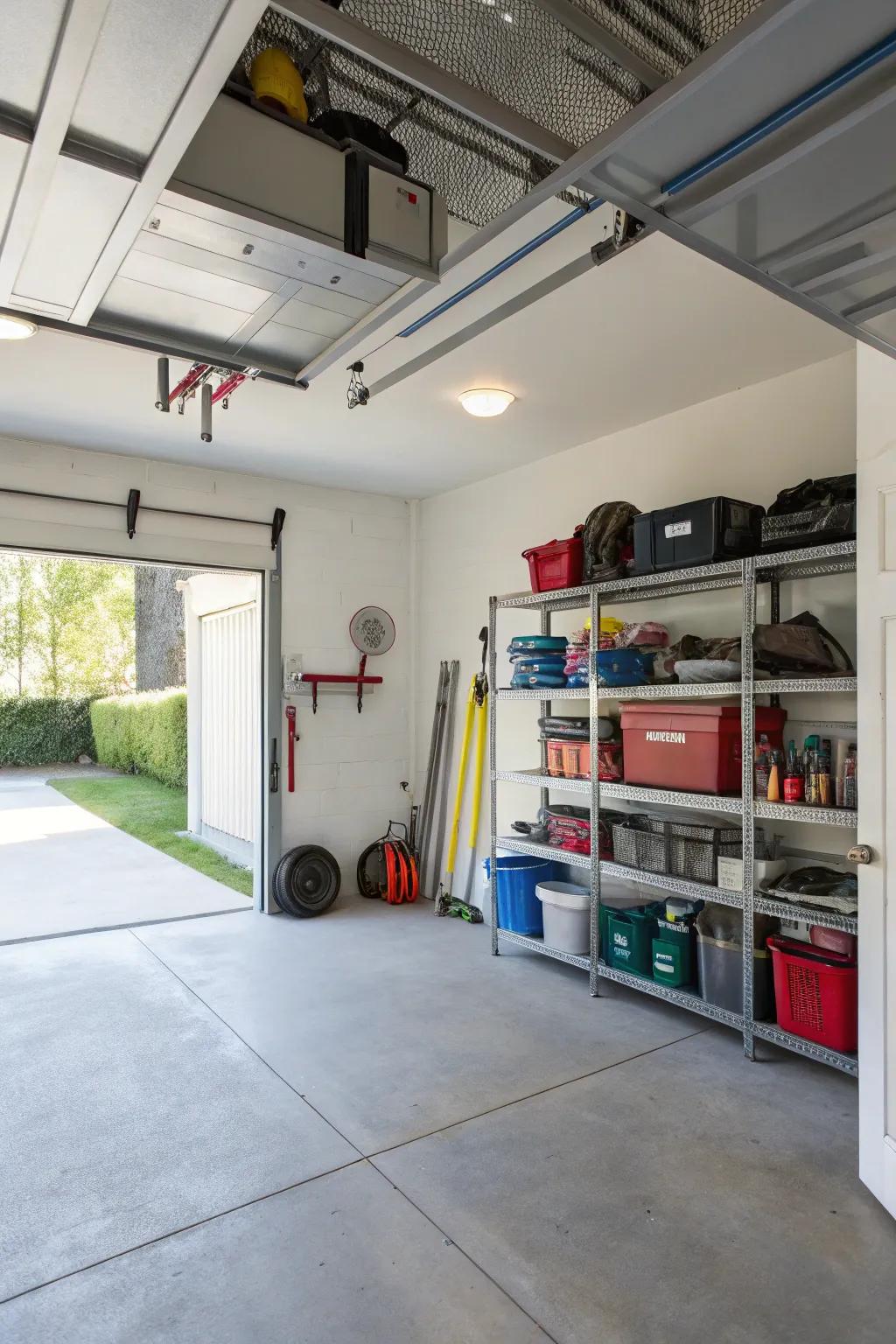 Ceiling-mounted racks effectively utilize vertical space in the garage.