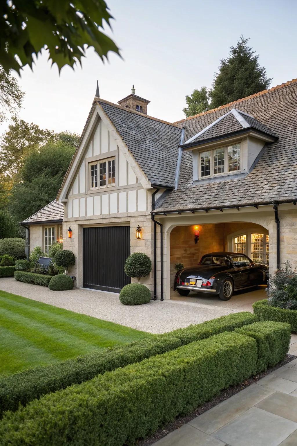 An angled roof addition imparts timeless sophistication to a garage.