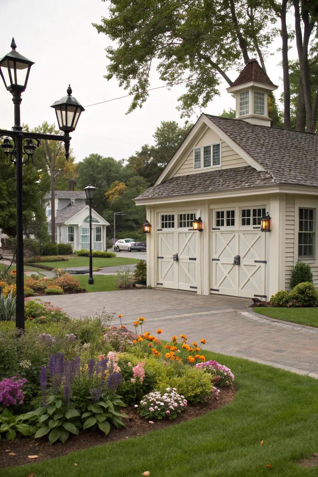 A classic carriage-style garage door with refined trim.