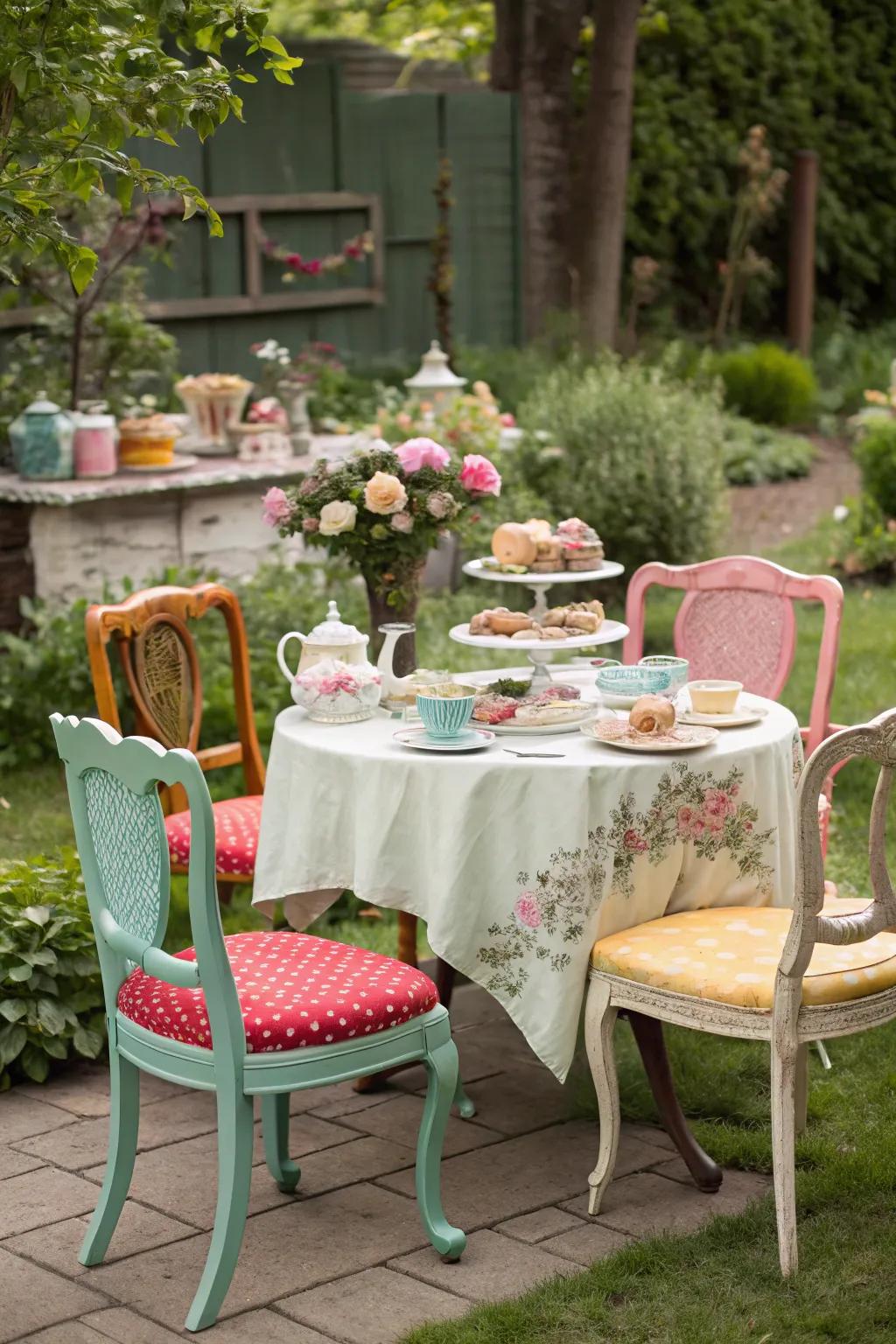 Antique furniture imparts a quirky touch to any outdoor gathering.