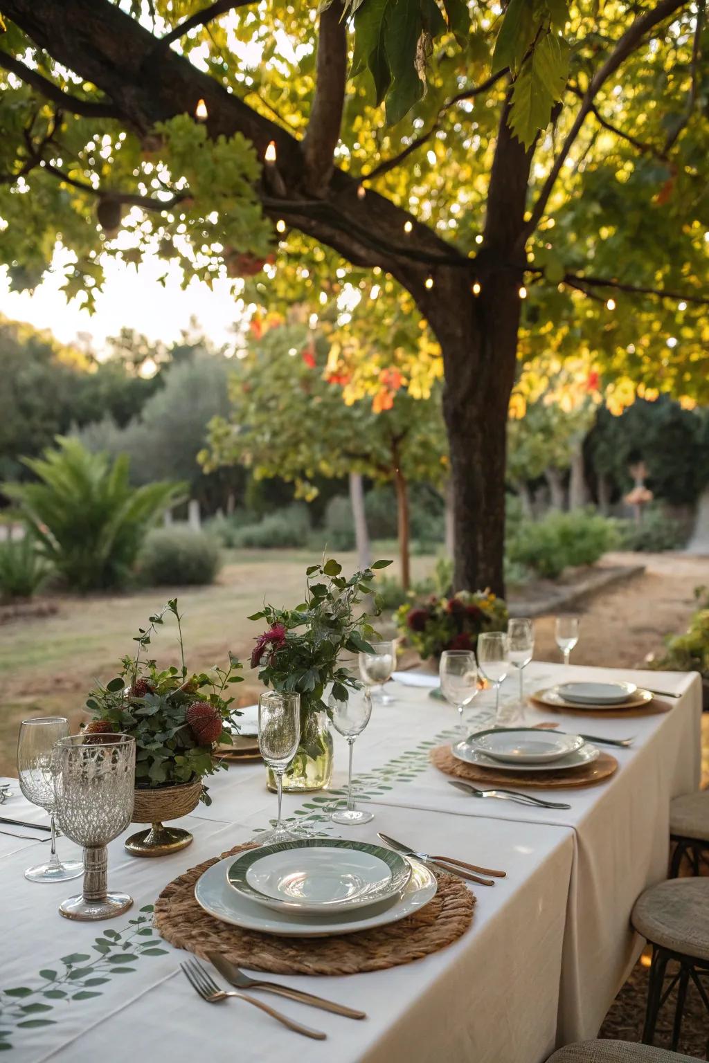 An inviting outdoor dining arrangement nestled under the shade of trees.
