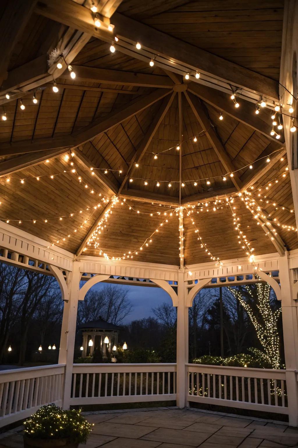 Twinkle lights contributing a whimsical impression to the gazebo.