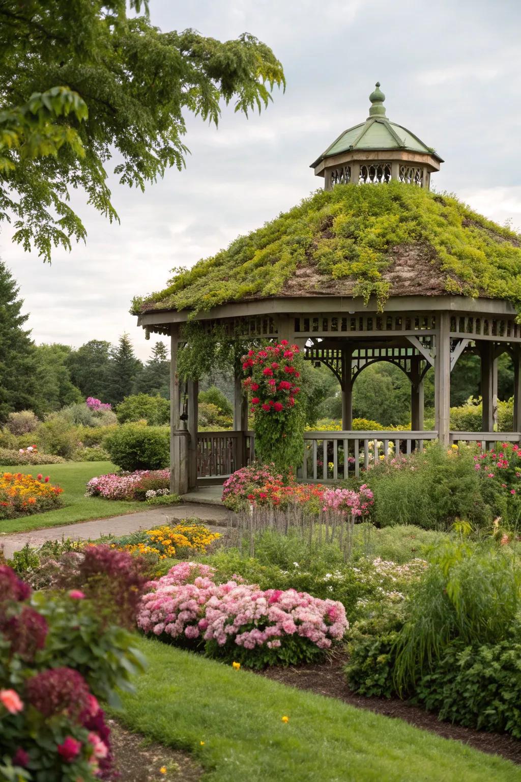 A gazebo with a green roof, blending perfectly with its garden setting.