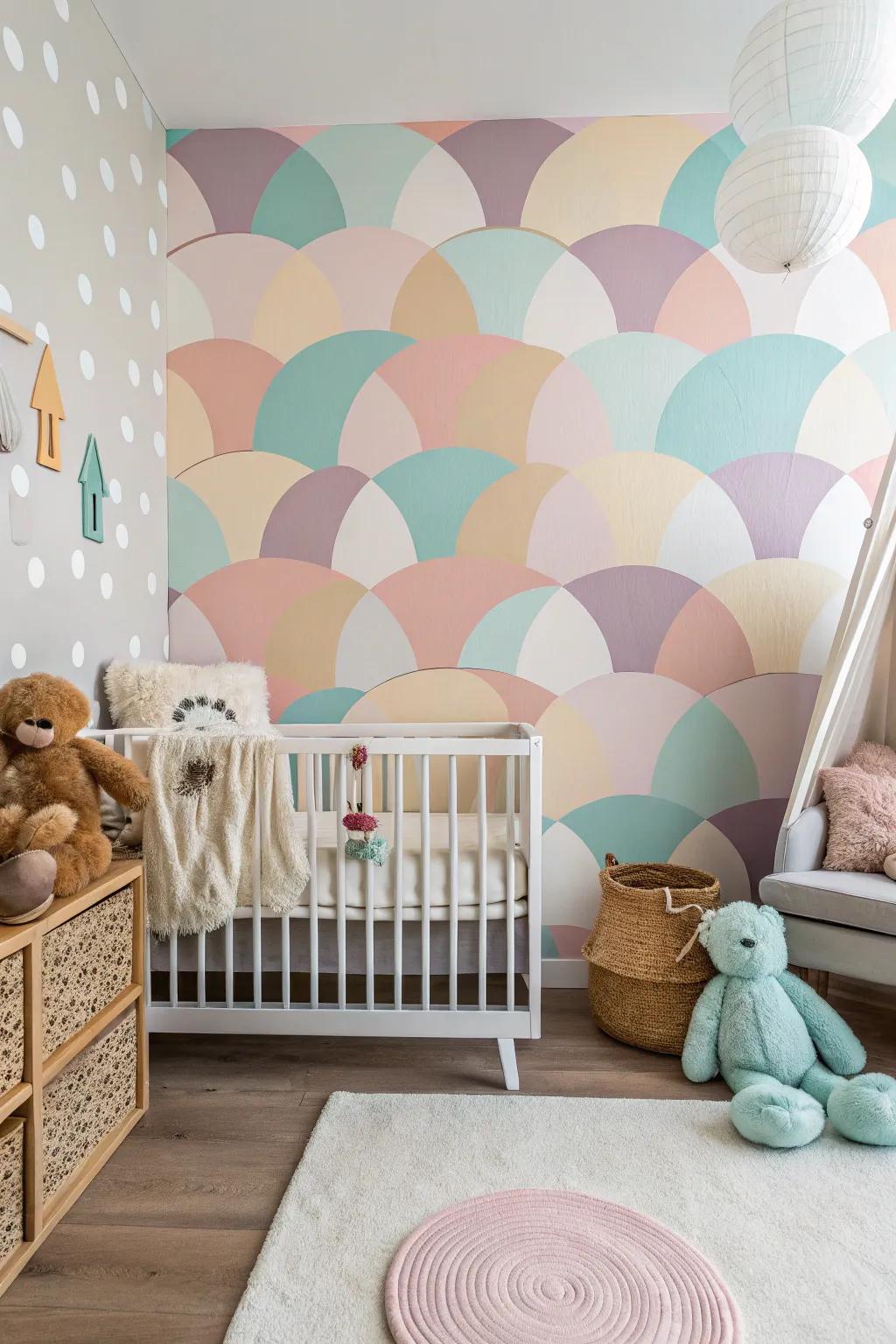 A nursery adorned with peaceful circular geometric wall designs.