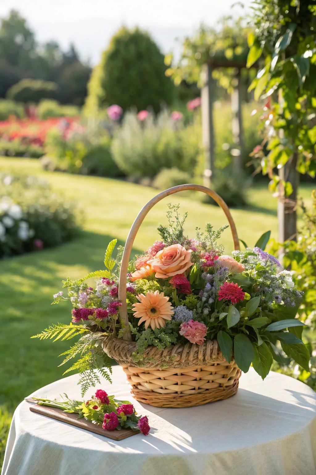 A gift basket accented with fresh flowers for a natural aesthetic.