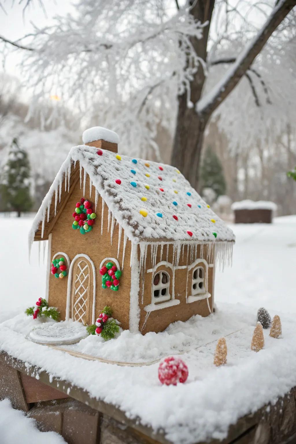 A gingerbread dwelling adorned with graceful frosting icicles.