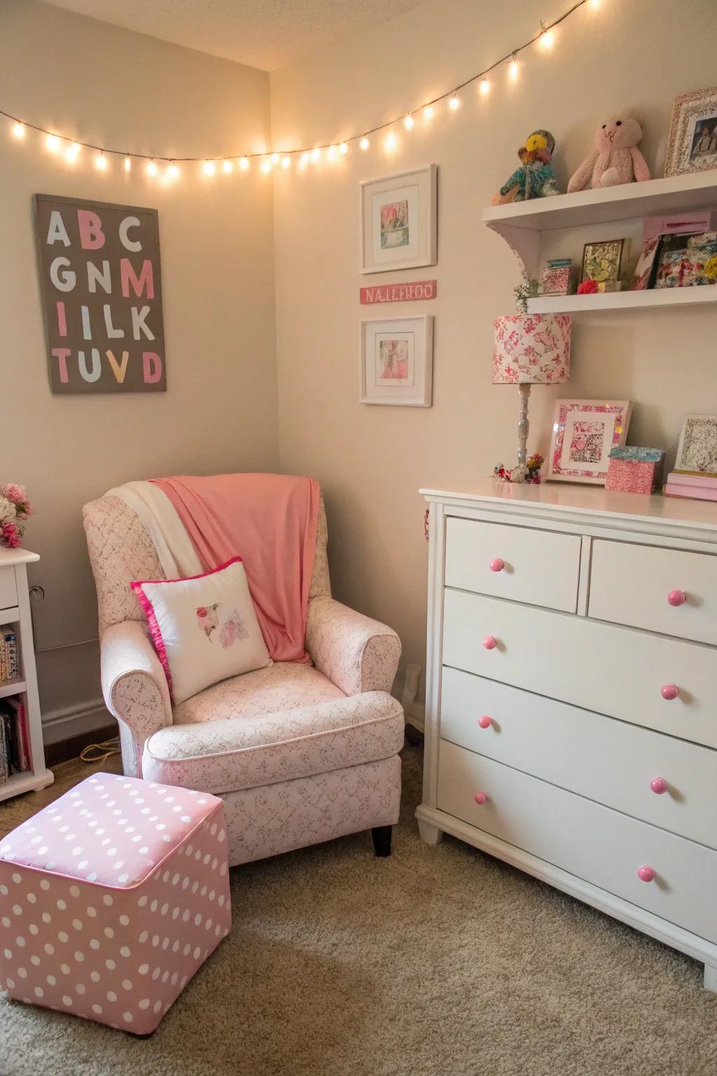 Coordinated furniture with rose highlights elevates the room’s design.
