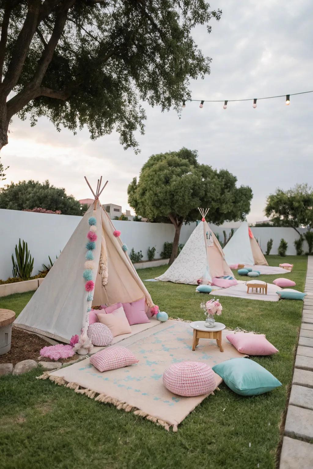 Teepee tents offer a peaceful hideaway for spa-time relaxation.