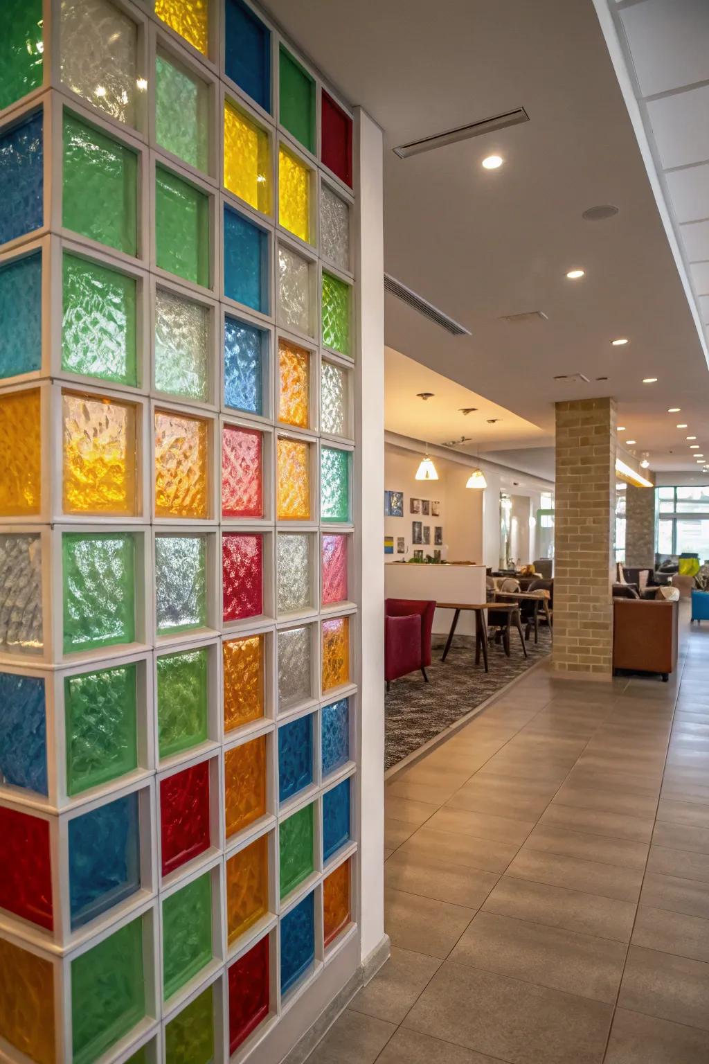 An interior that features a chromatic glass block wall, delivering a lively and spirited accent.
