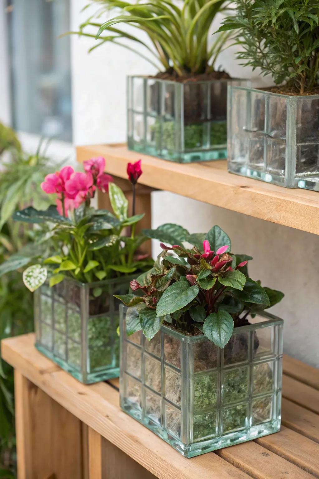 Glass bricks creatively repurposed as planters, adding greenery to the decor.