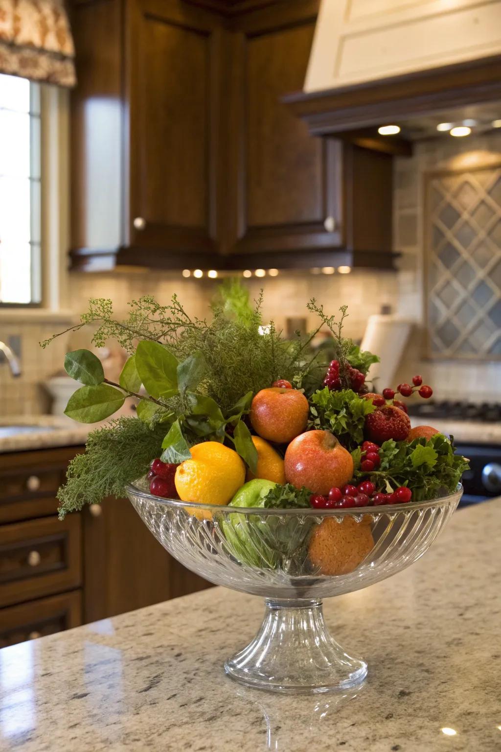 A lively fusion of fruits and greenery contained within a glass bowl.