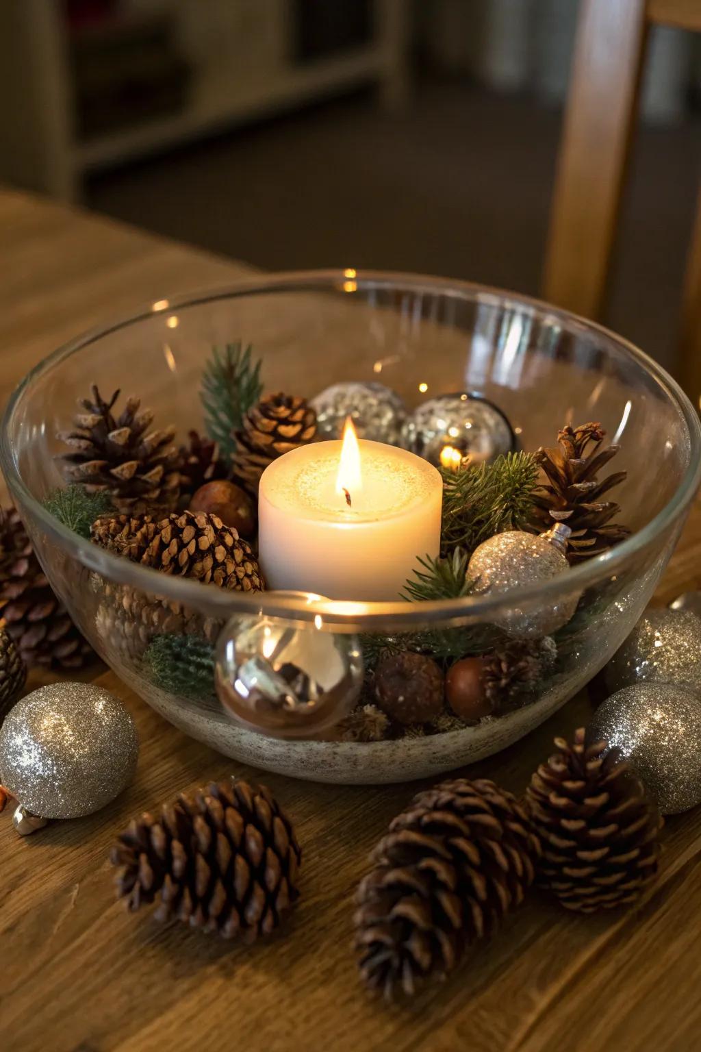A candlelit clear vessel cultivates a balmy festive luminance.