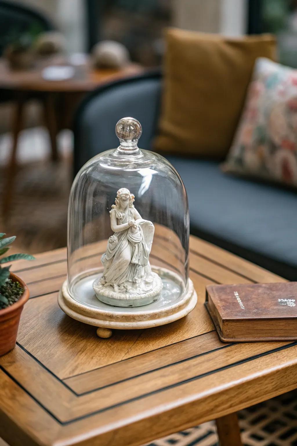 A little sculpture ends up being a focal point under a glass dome.