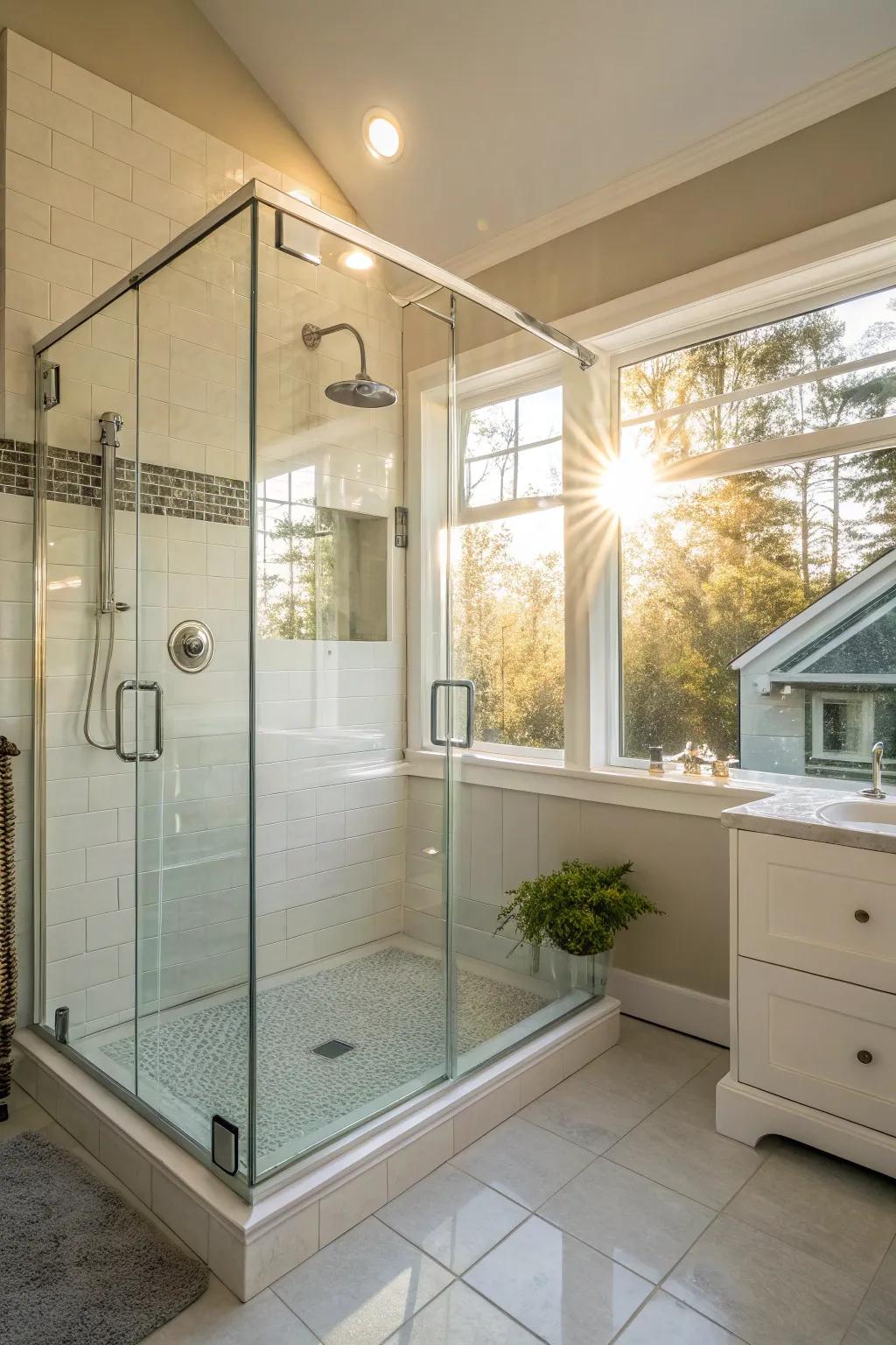 Sunlight enhances the clarity and openness of a glass shower.