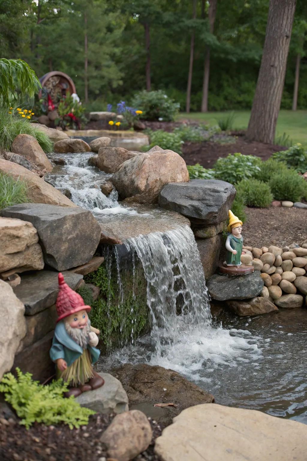 A fable waterfall introduces calmness to any gnome garden.