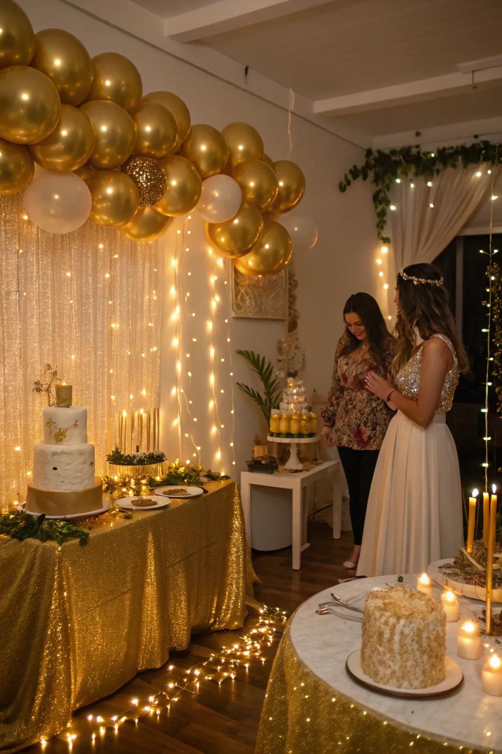 Sparkling strands and lights fashion a bewitching golden ambiance.