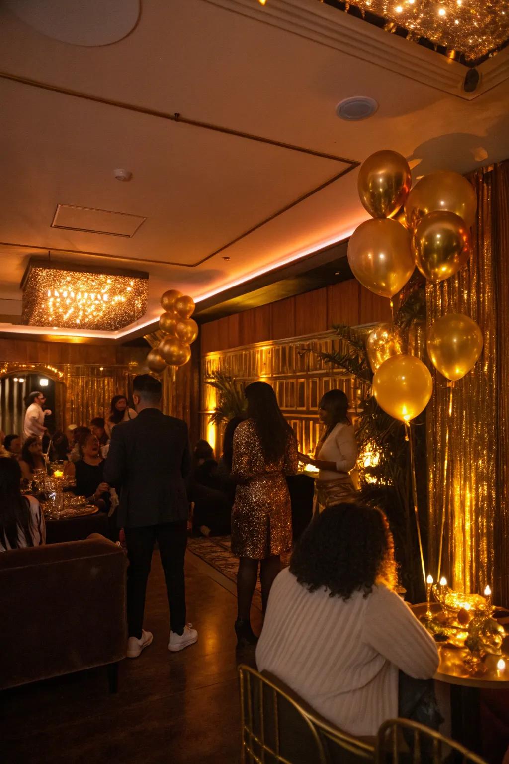 Lighting that elevates the golden atmosphere of the party setting.