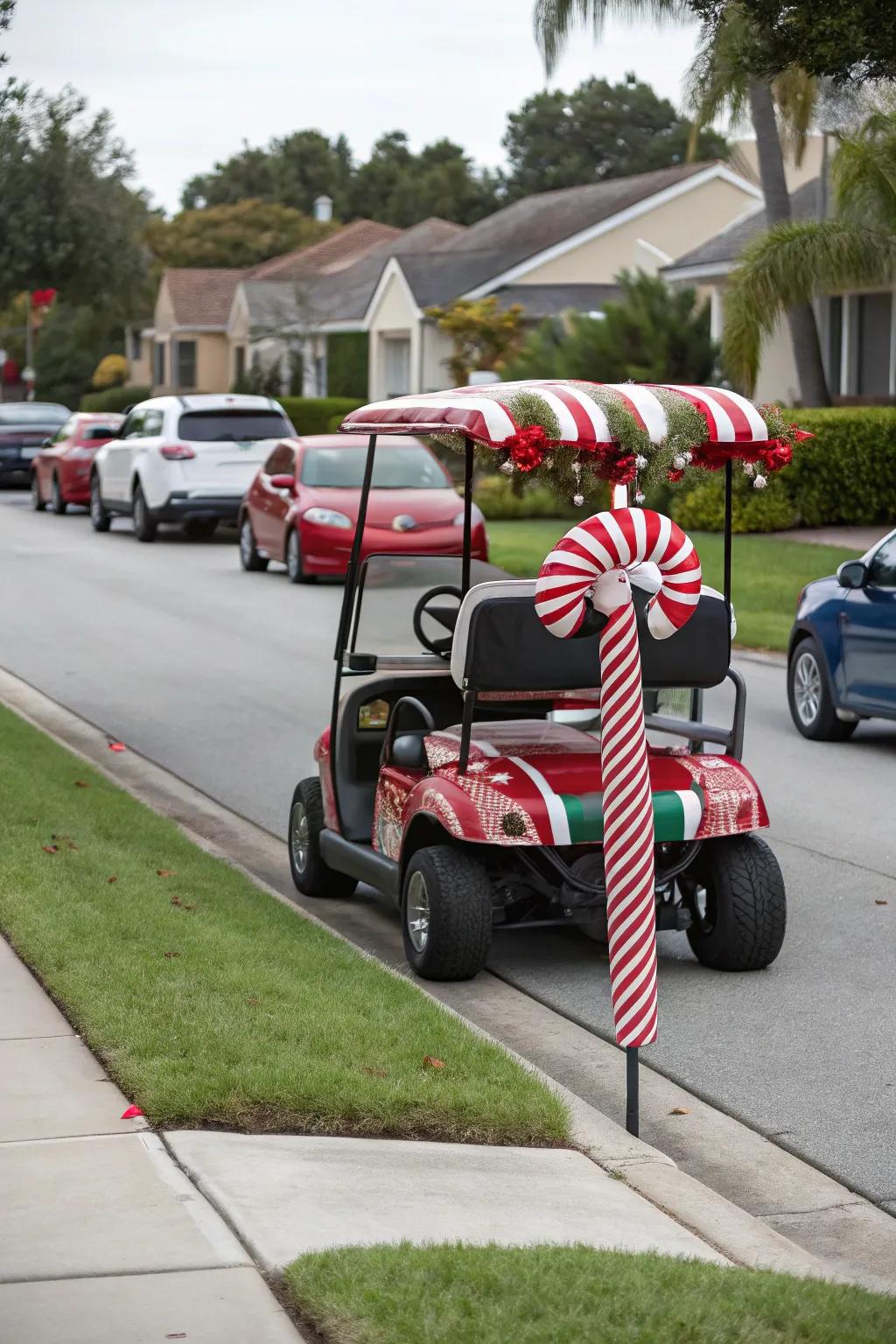 A golf cart that grabs attention with its candy cane theme.