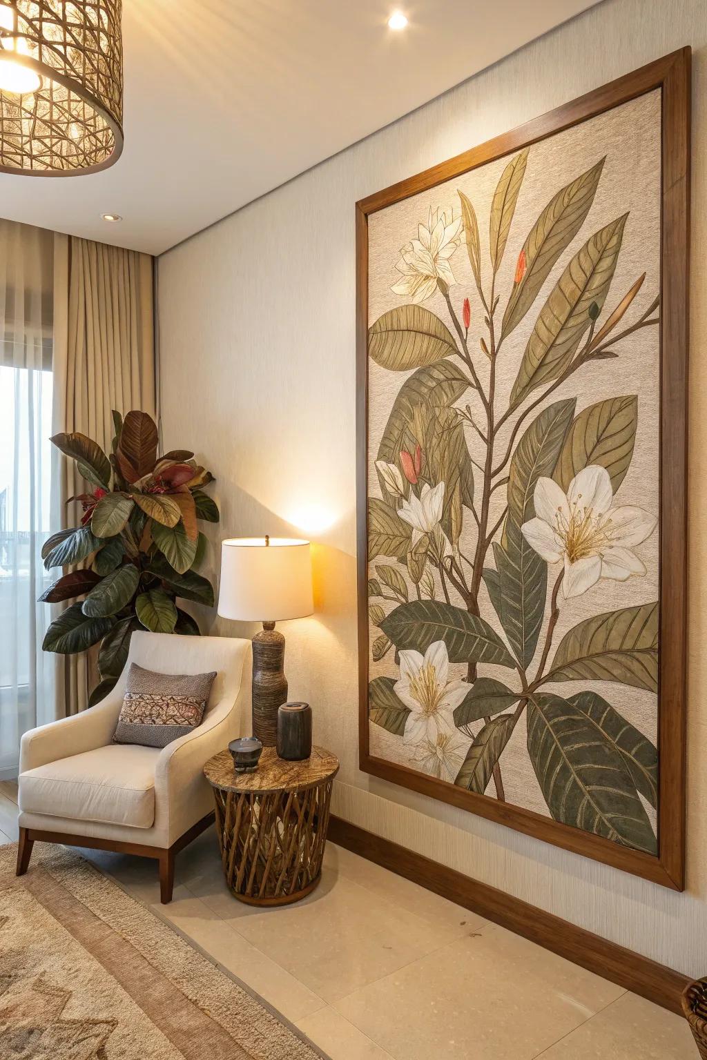 Nature-inspired artwork providing an organic accent to the room.