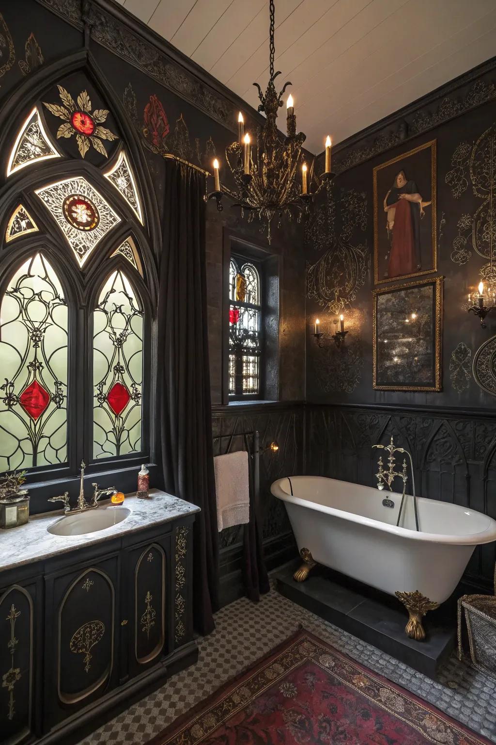 Rich decorative items add personality and depth to the gothic bathroom.