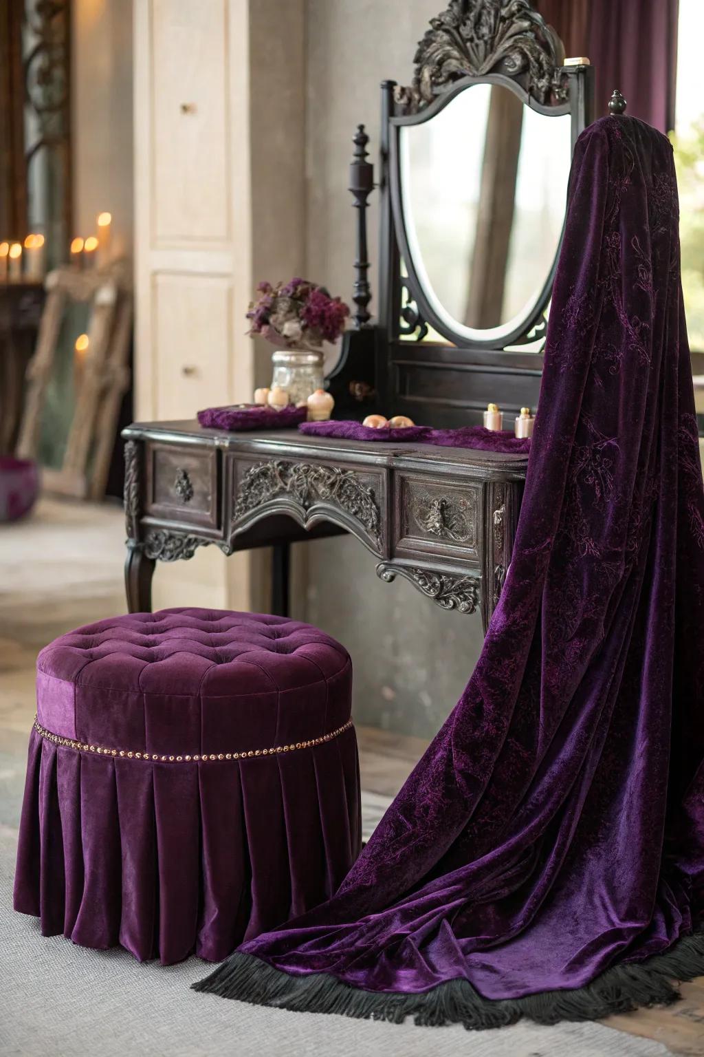 Rich pile highlights introduce luxury and depth to the arrangement.