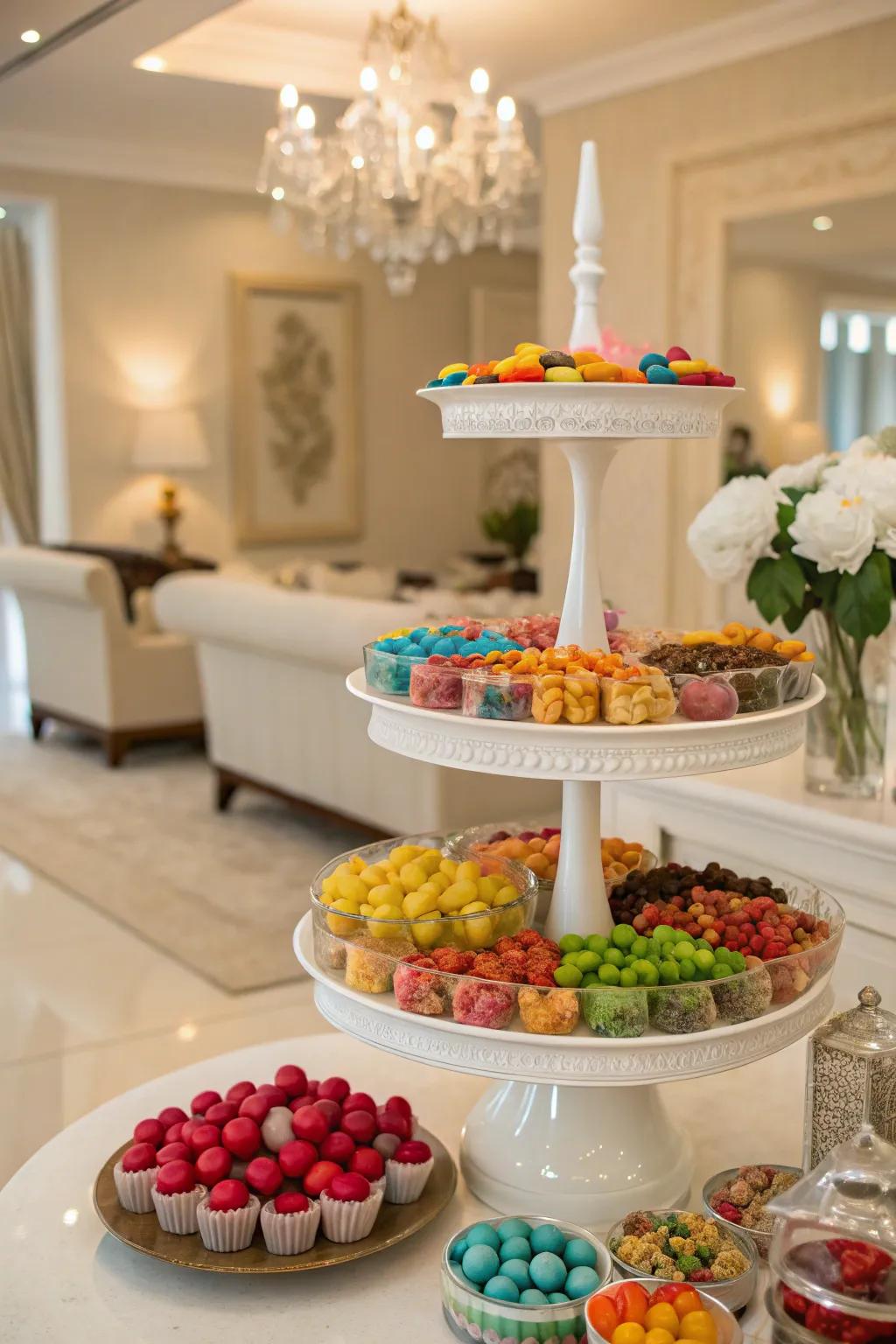 Tiered stands introduce structure and sophistication to your candy presentation.