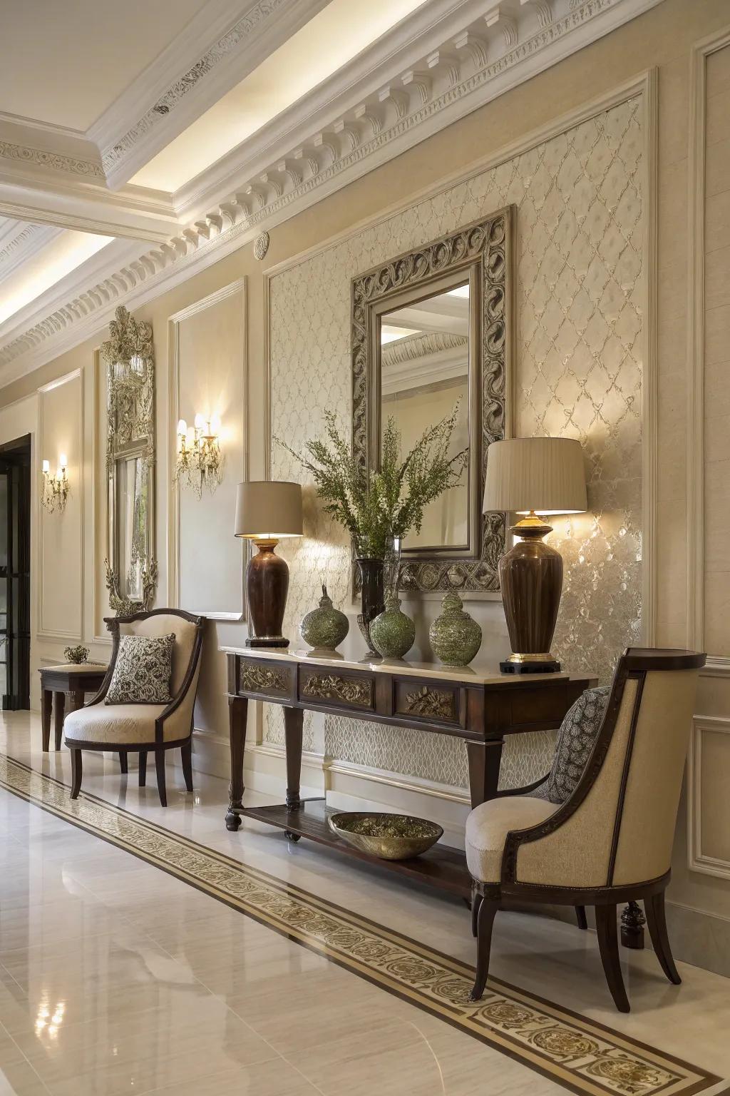 Refined furnishings introduce charm and sophistication to a grand entryway.
