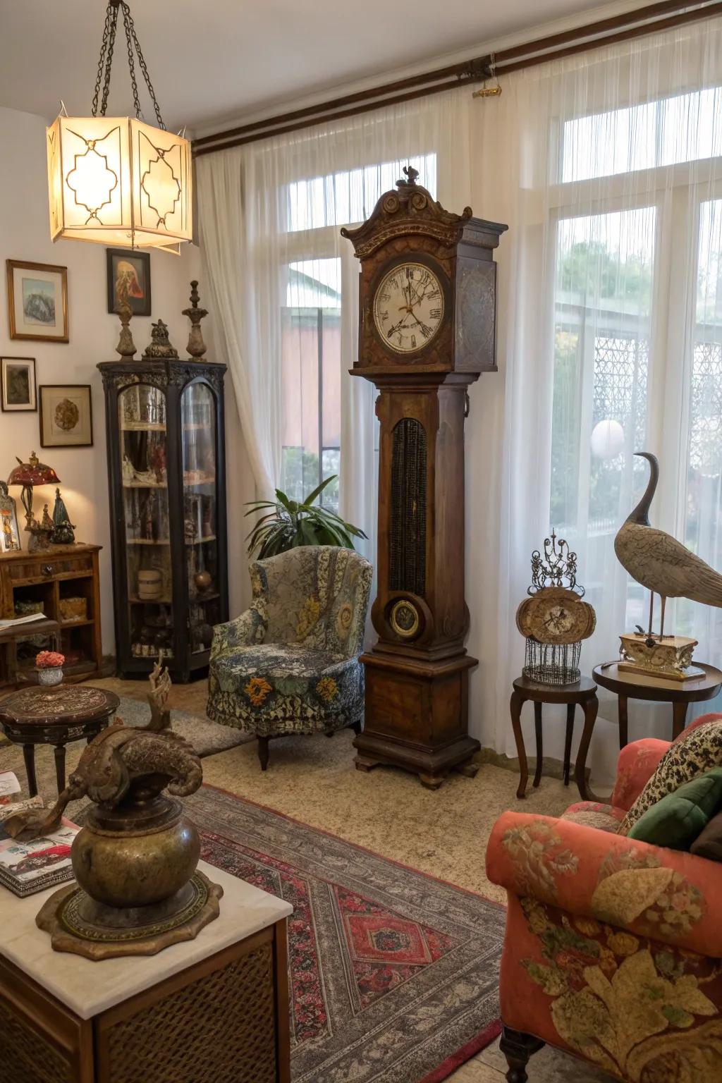 An eclectic arrangement with a tall case clock adds personality to any space.