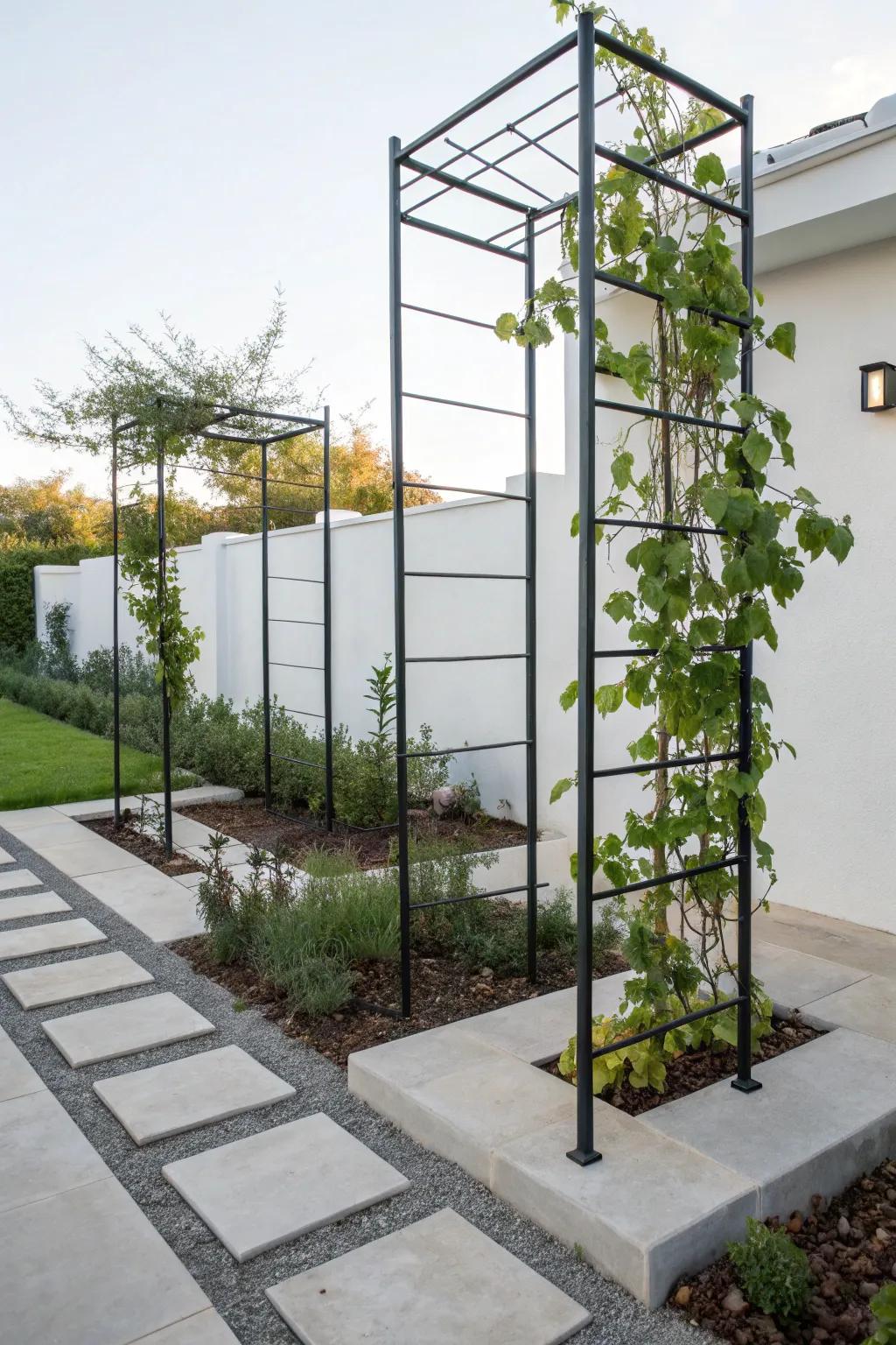 Steel trellises offer a modern aesthetic with excellent durability.