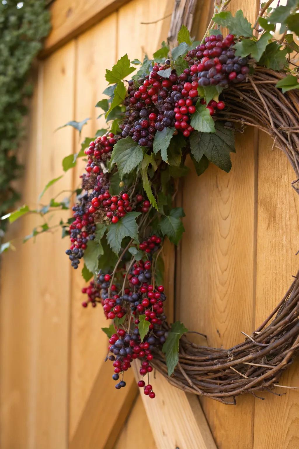 A fruit-decorated grapevine wreath showcasing vibrant colors.