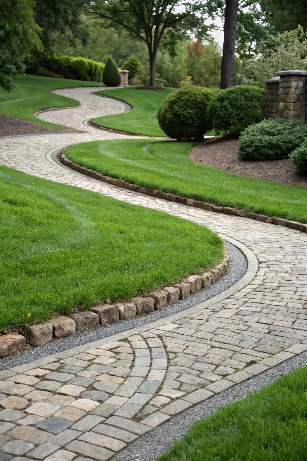 Winding turf routes add a whimsical element to the driveway.